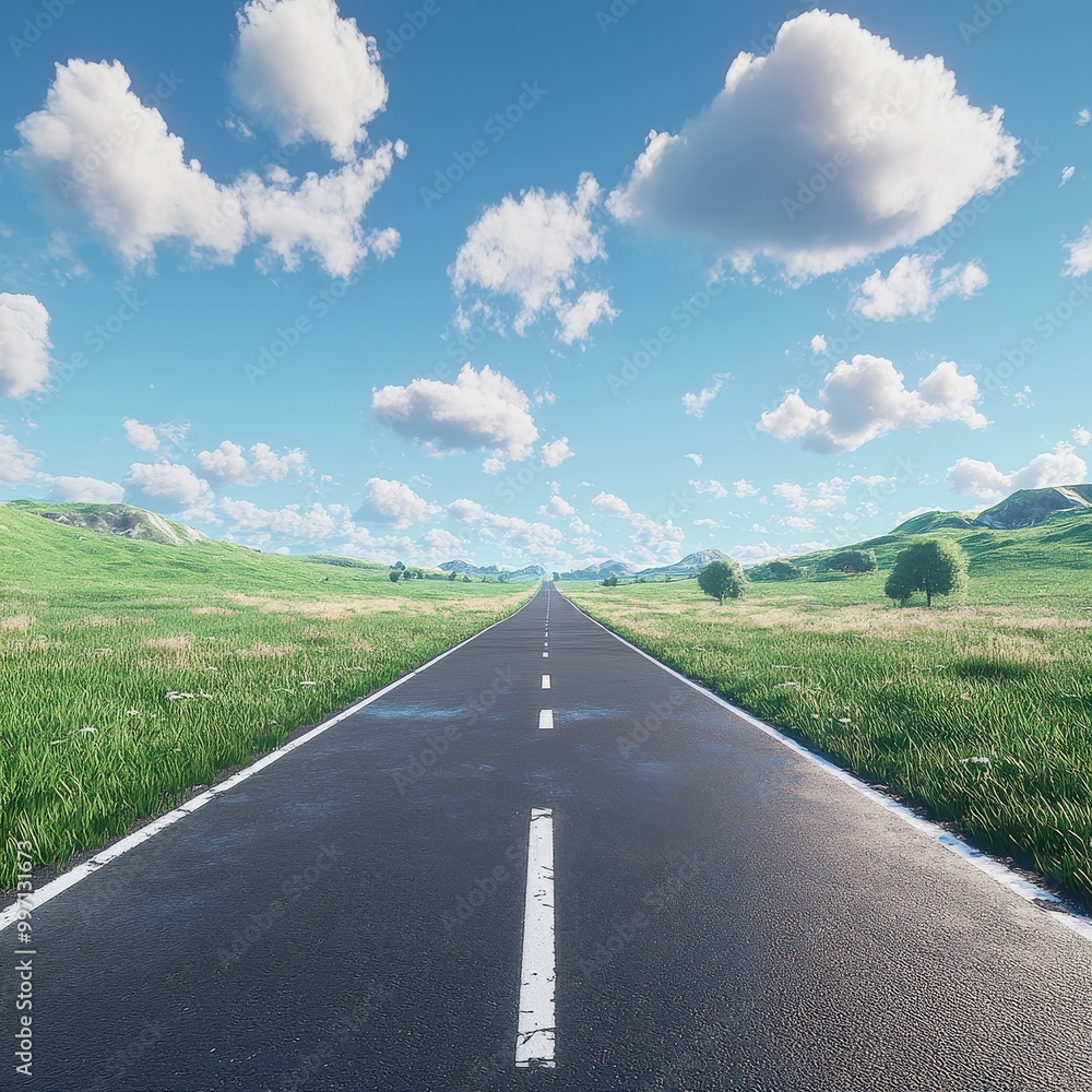 Wide open road leading into the horizon with clear blue sky and white clouds Wide open road leading into the horizon with clear blue sky and white clouds