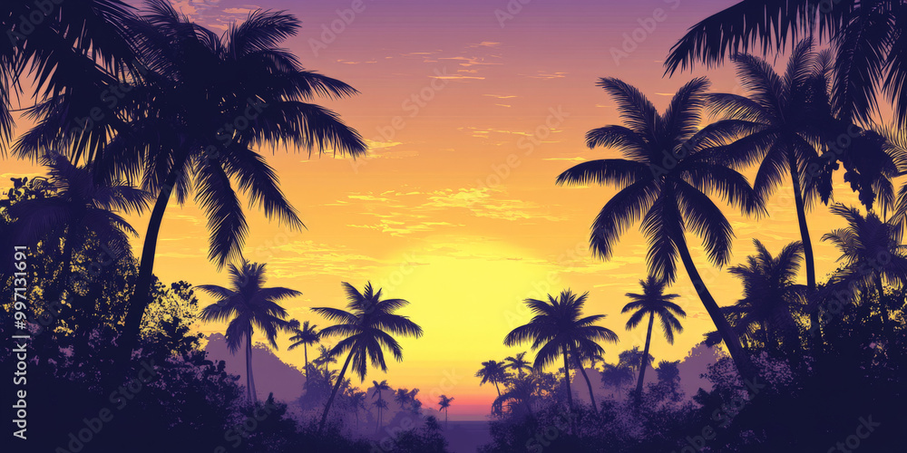 A gradient sky from golden yellow to soft purple, casting a warm glow over the tropical sunset. Silhouettes of palm trees complete the serene scene. A gradient sky from golden yellow to soft purple, casting a warm glow over the tropical sunset. Silhouettes of palm trees complete the serene scene.