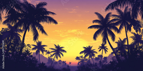 A gradient sky from golden yellow to soft purple, casting a warm glow over the tropical sunset. Silhouettes of palm trees complete the serene scene.