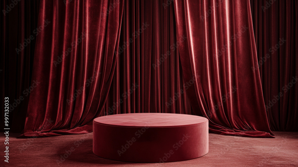 A podium in deep burgundy red, with matching curtains in a velvet texture, creating a rich, luxurious setting for product display. A podium in deep burgundy red, with matching curtains in a velvet texture, creating a rich, luxurious setting for product display.