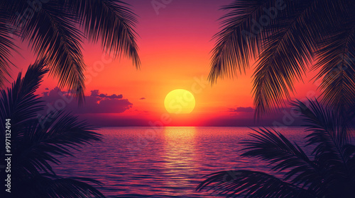 A vibrant tropical sunset with a gradient from orange to deep purple, casting warm hues over a tranquil ocean with palm tree silhouettes in the foreground.