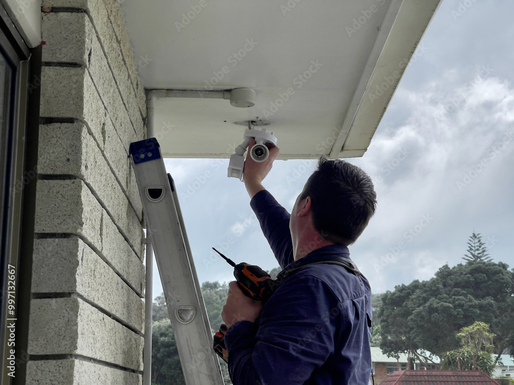 Caucasian man standing on a ladder holding a power drill while installing a security sensor light to the underside of a soffit on the corner of a brick clad house in New Zealand Caucasian man standing on a ladder holding a power drill while installing a security sensor light to the underside of a soffit on the corner of a brick clad house in New Zealand