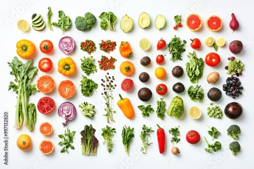 Broad collage of fresh fruits and vegetables arranged neatly on a white background, providing ample copy space.