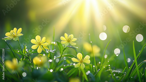 Natural background with wildflowers St. John's wort. Soft sunlight, green grass covered in dew. photo