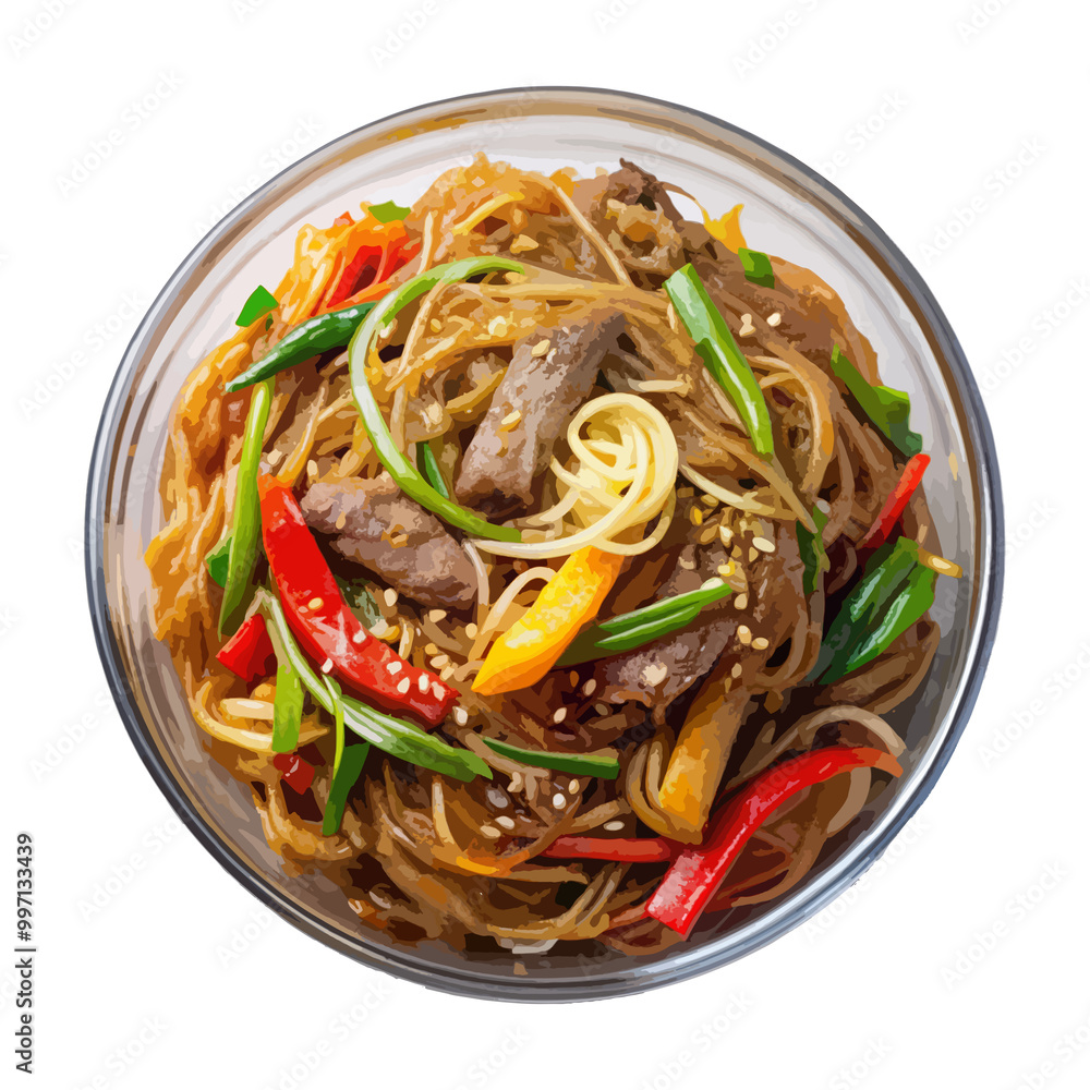Front view of Kimchi Japchae with Korean glass noodles stir-fried with kimchi, vegetables, and beef isolated on a white transparent background Front view of Kimchi Japchae with Korean glass noodles stir-fried with kimchi, vegetables, and beef isolated on a white transparent background
