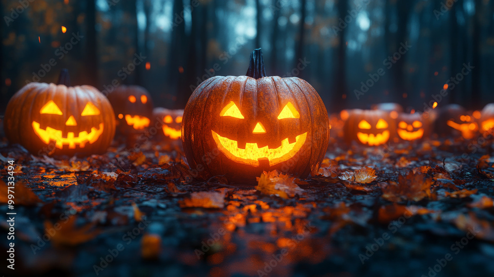 Spooky jack-o'-lanterns glow in a dark forest. Spooky jack-o'-lanterns glow in a dark forest.