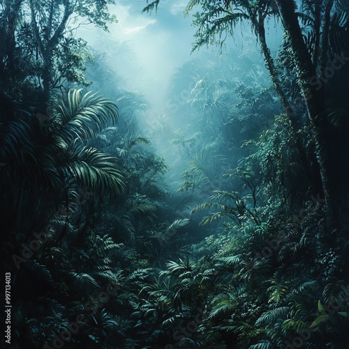 A mystical, blue-hued jungle scene with dense foliage and a narrow path leading into the depths of the rainforest.