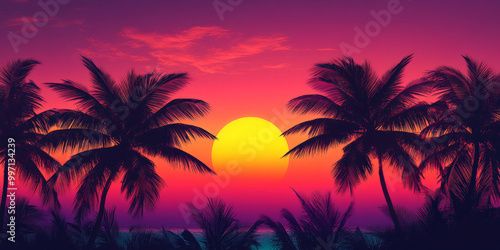 A stunning tropical sunset with a vibrant gradient sky, transitioning from orange to deep pink and purple. Palm trees sway gently as the sun dips below the horizon.