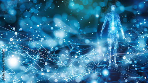 Human body augmented embedded biohacking tech for longevity glowing neural pathways and nanobots enhancing immune system