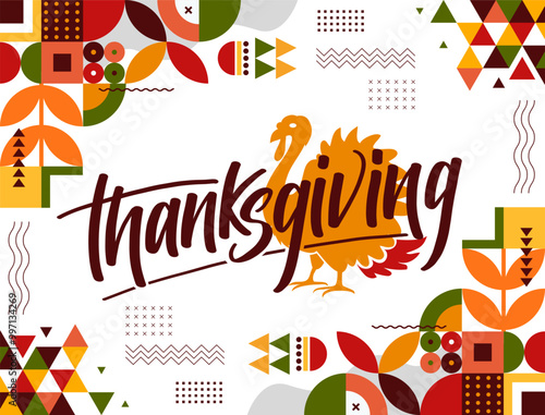 happy thanksgiving banner design with typography, turkey bird and abstract geometric pattern background in red green orange colorful.
