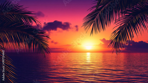 A vibrant tropical sunset with a gradient from orange to deep purple, casting warm hues over a tranquil ocean with palm tree silhouettes in the foreground.