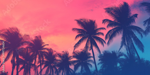 A serene tropical sunset scene with a gradient from soft coral to magenta, transitioning to indigo as the sky darkens, with palm trees gently swaying in the breeze.