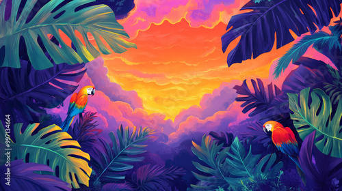 A vibrant hand-drawn tropical scene with parrots, large green leaves, and swirling clouds in sunset hues of orange, pink, and purple, set against a deep blue sky.