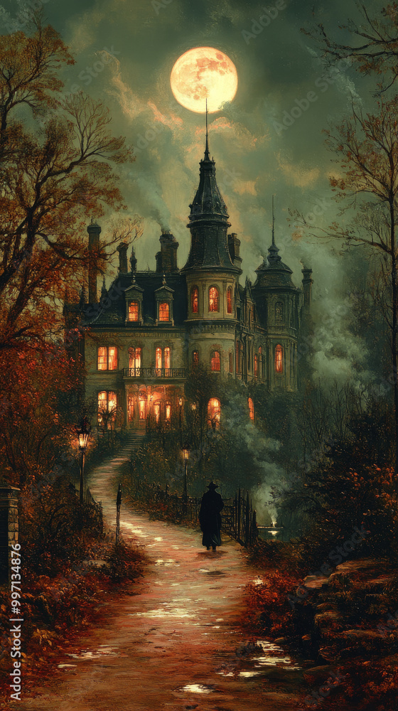 Obraz premium A lone figure walks towards a grand, mysterious mansion under a full moon.