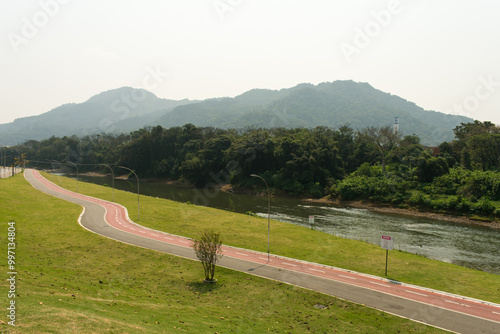 Bike path and walking path at Parque Linear Via Verde in Jaraguá do Sul, South of Brazil