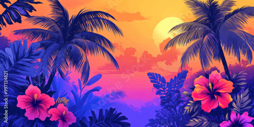 A hand-drawn tropical sunset scene with colorful palm trees, hibiscus, and bright pink flowers, set against a gradient sunset in orange, purple, and blue tones.