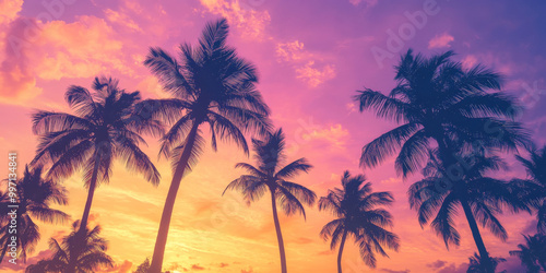 A gradient sky from golden yellow to soft purple, casting a warm glow over the tropical sunset. Silhouettes of palm trees complete the serene scene.