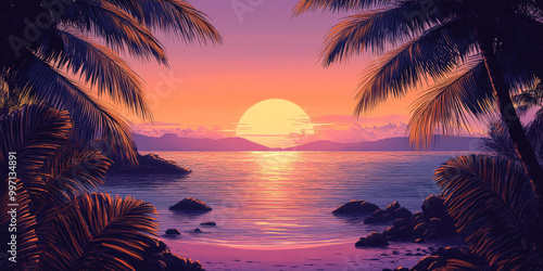 A gradient sunset over a tropical beach, transitioning from deep orange to soft lavender. Palm trees frame the scene, casting shadows over the calm sea.