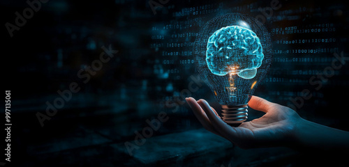 AI, Machine learning, hand holding a big data network, Brain data creative of Ai in light bulb, AI adoption for working, Science and artificial intelligence technology, innovation for futuristic. 