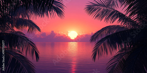 A gradient sunset over a tropical beach, transitioning from deep orange to soft lavender. Palm trees frame the scene, casting shadows over the calm sea.