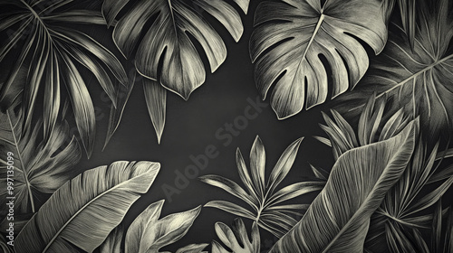 A collection of finely engraved tropical leaves with delicate cross-hatch detailing, creating a rich, textured effect in monochrome tones.