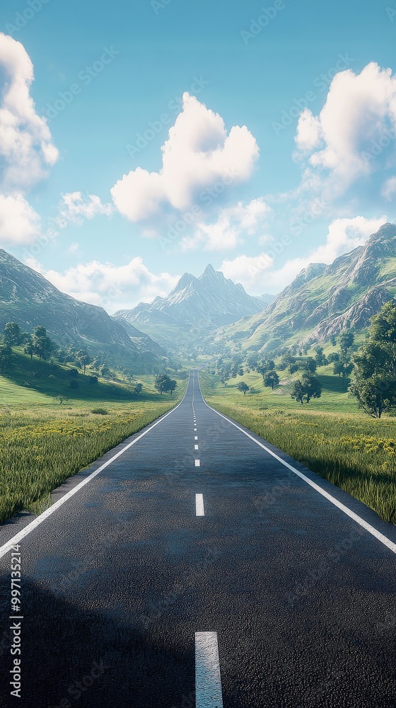 Naklejka premium Wide open road leading into the horizon with clear blue sky and white clouds