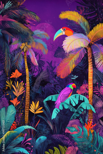 A vibrant hand-drawn tropical scene with lush palm trees, exotic birds, and swirling abstract lines in neon pinks, oranges, and greens, set against a deep purple sky.