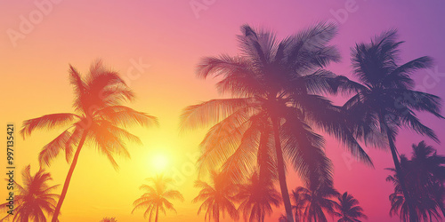 A gradient sky from golden yellow to soft purple, casting a warm glow over the tropical sunset. Silhouettes of palm trees complete the serene scene.