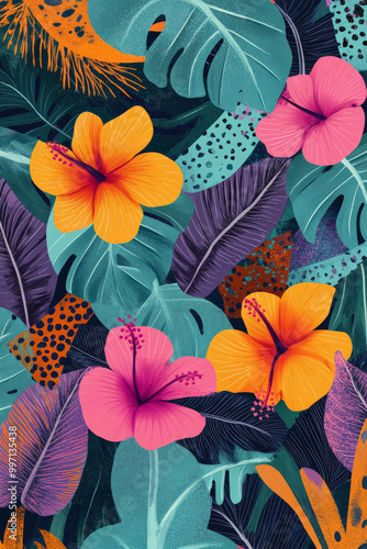 A playful hand-drawn tropical scene with large leaves, hibiscus flowers, and abstract patterns in bright orange, pink, and purple, set against a teal background.