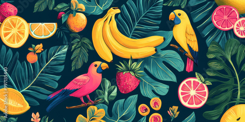 A vibrant hand-drawn tropical background featuring banana leaves, exotic birds, and bright tropical fruits in bold, neon colors on a deep teal background.