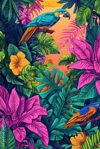 A vibrant hand-drawn jungle background with bold outlines of tropical leaves, flowers, and exotic birds in neon pink, green, and turquoise, set against a sunset sky.