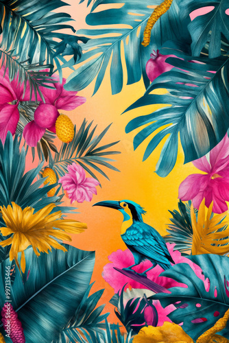 A vibrant hand-drawn tropical background with large palm leaves, exotic fruits, and playful birds in bright neon pink, yellow, and teal, set against a gradient sunset.