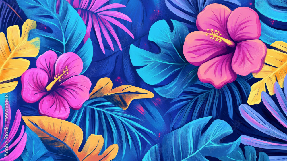 Fototapeta premium A vibrant hand-drawn tropical paradise with bold abstract palm leaves, colorful hibiscus flowers, and swirling patterns in bright neon pinks and blues.