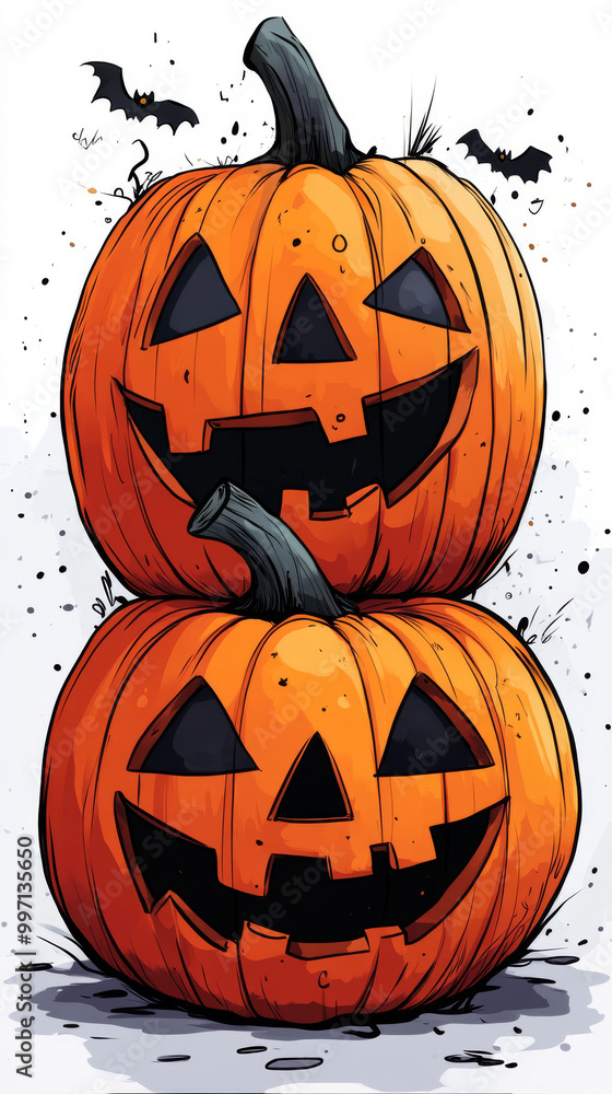 Two carved pumpkins with spooky grins and bats flying overhead. Two carved pumpkins with spooky grins and bats flying overhead.
