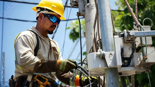 electrician worker working on an utility pole