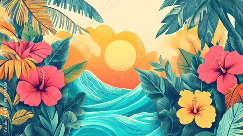 A colorful hand-drawn tropical landscape with large palm leaves, hibiscus, and a setting sun in bright hues of coral, teal, and yellow, framed by abstract waves.
