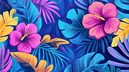 A vibrant hand-drawn tropical paradise with bold abstract palm leaves, colorful hibiscus flowers, and swirling patterns in bright neon pinks and blues.