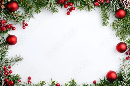 Christmas frame on white background. Top view, flat lay with copy space for text