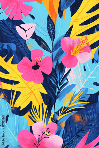 A colorful hand-drawn background with tropical flowers, bold jungle leaves, and abstract geometric shapes in a mix of neon pinks, blues, and yellows, giving off a vibrant, modern tropical vibe.