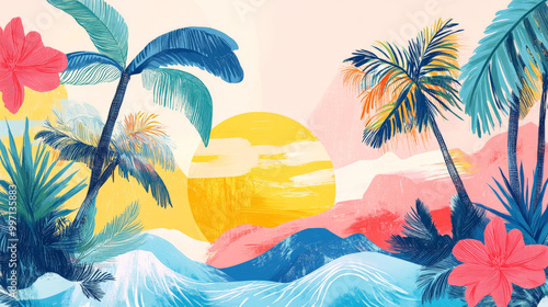 A colorful hand-drawn tropical landscape with stylized palm trees, bright florals, and a rising sun in shades of pink, yellow, and blue, framed by abstract waves.