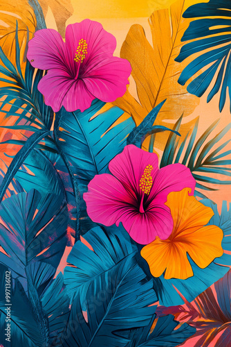 A bold hand-drawn tropical scene with large jungle leaves, colorful birds, and bright hibiscus flowers in neon pinks, oranges, and blues, set against a sunset gradient.