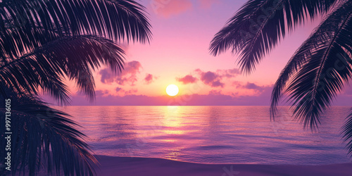 A gradient sunset over a tropical beach, transitioning from deep orange to soft lavender. Palm trees frame the scene, casting shadows over the calm sea.