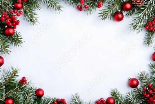 Christmas frame on white background. Top view, flat lay with copy space for text