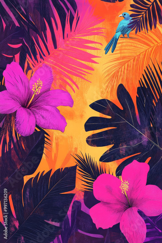 A hand-drawn tropical sunset scene with colorful abstract patterns of palm leaves, exotic birds, and hibiscus flowers in bold neon hues of pink, purple, and orange.