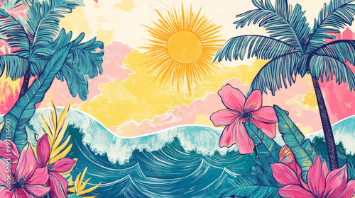A colorful hand-drawn tropical landscape with stylized palm trees, bright florals, and a rising sun in shades of pink, yellow, and blue, framed by abstract waves.