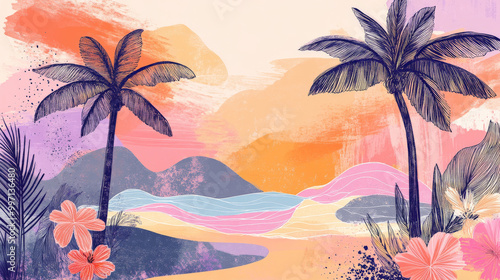 A hand-drawn tropical sunset scene with palm trees, colorful flowers, and abstract waves in soft pastels of pink, orange, and purple, outlined with playful black lines.