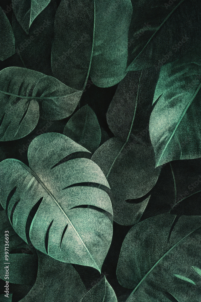 Obraz premium A detailed engraving of tropical leaves, with intricate cross-hatching and fine line work, creating a rich, textured look in deep green tones.