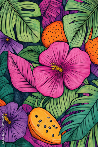 A bold, hand-drawn tropical background with large palm leaves, hibiscus flowers, and exotic fruits in vibrant pinks, purples, and greens, arranged in an abstract, whimsical pattern.