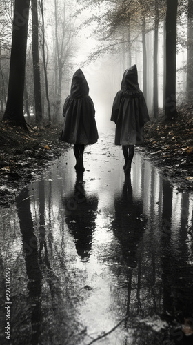 Two figures in hooded cloaks walk through a misty forest path. photo