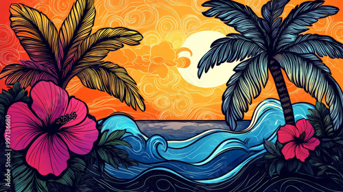 A playful hand-drawn tropical sunset scene with palm trees, swirling waves, and hibiscus flowers in bright colors of orange, pink, and blue, outlined with bold black strokes.